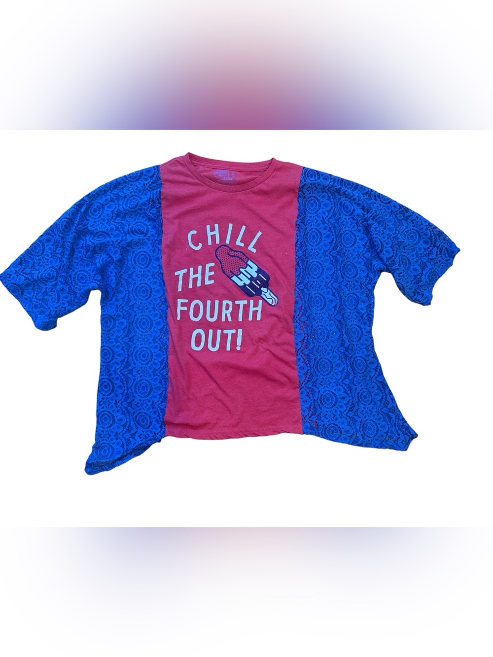 Upcycled Lily Jean Threads Chill The Fourth Out! Graphic with lace Kimono - Picture 2 of 3
